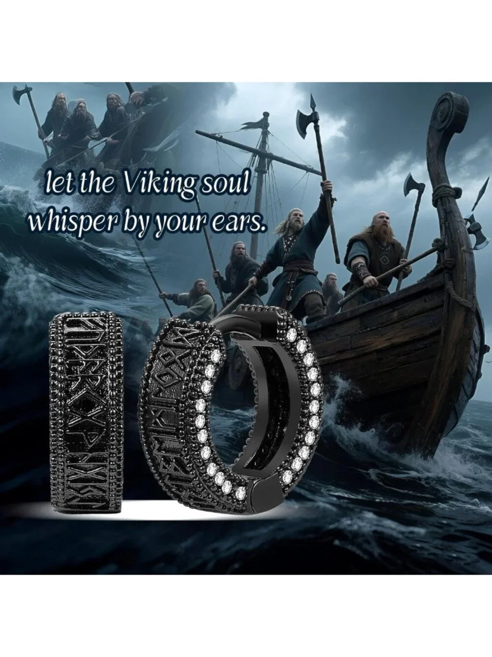 Stylish Black Viking Hoop Earrings for Men | Nordic Runes Huggie with CZ Stone
